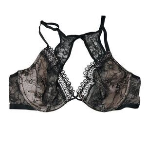 Victoria's Secret Black Lace Unlined Bra 32DD Plunging Neckline